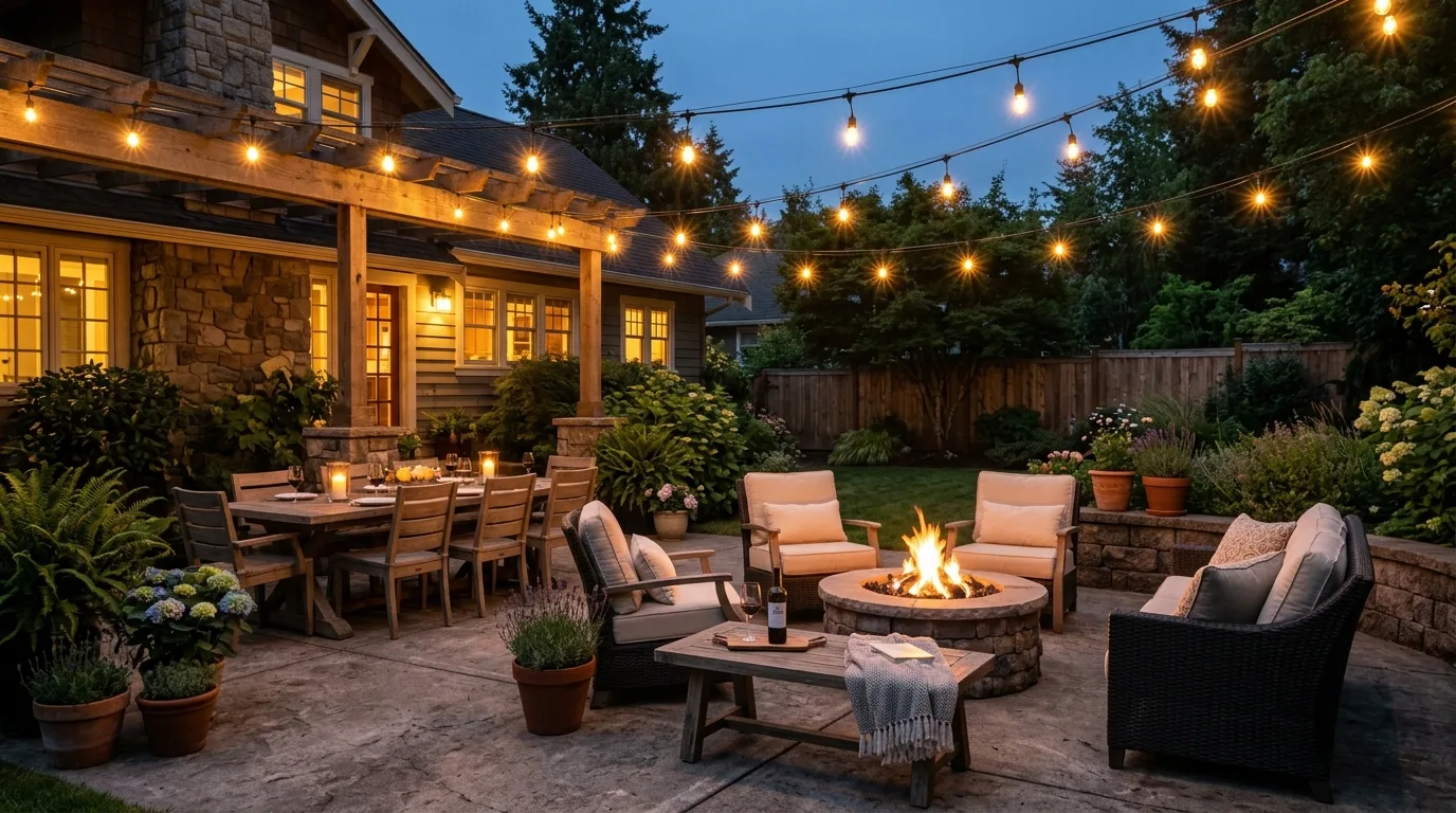 Concrete Patio with String Lights Ambiance